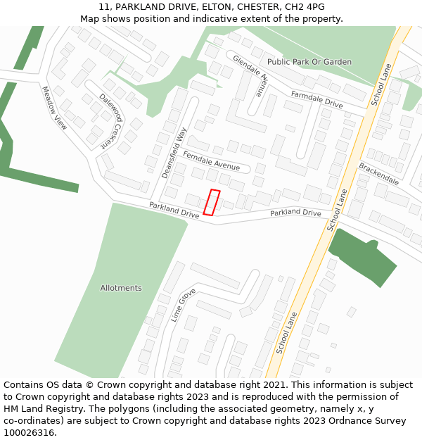 11, PARKLAND DRIVE, ELTON, CHESTER, CH2 4PG: Location map and indicative extent of plot