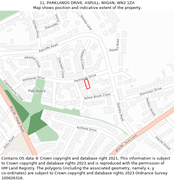 11, PARKLANDS DRIVE, ASPULL, WIGAN, WN2 1ZA: Location map and indicative extent of plot