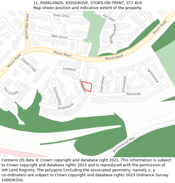 11, PARKLANDS, KIDSGROVE, STOKE-ON-TRENT, ST7 4US: Location map and indicative extent of plot