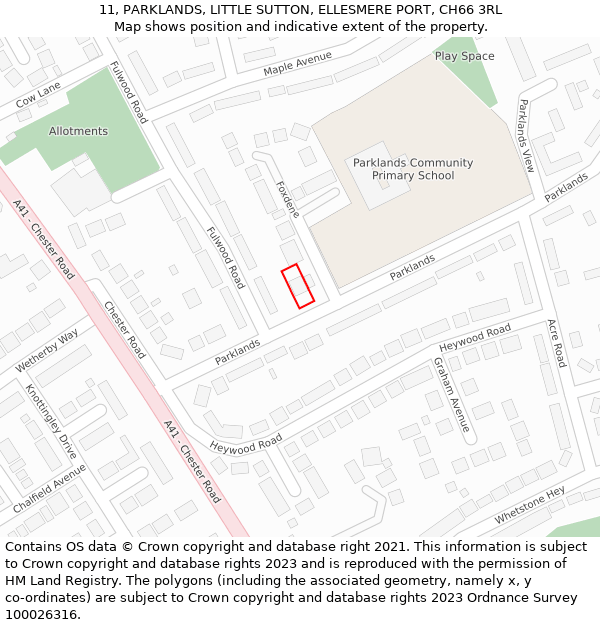 11, PARKLANDS, LITTLE SUTTON, ELLESMERE PORT, CH66 3RL: Location map and indicative extent of plot