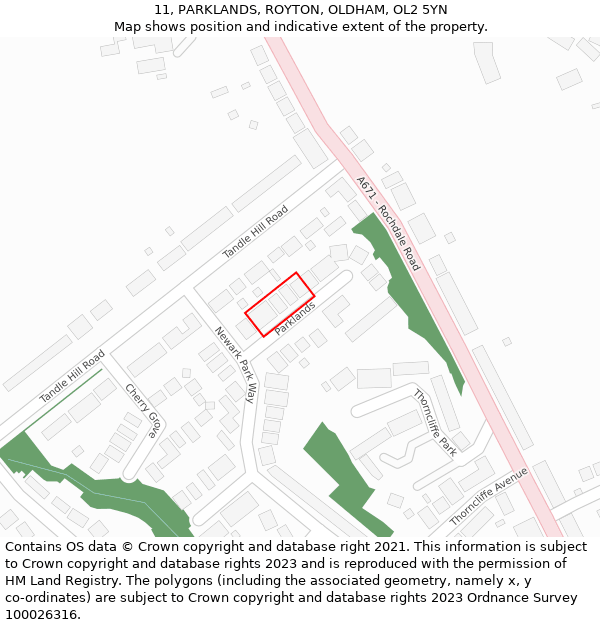 11, PARKLANDS, ROYTON, OLDHAM, OL2 5YN: Location map and indicative extent of plot