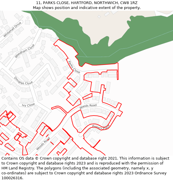 11, PARKS CLOSE, HARTFORD, NORTHWICH, CW8 1RZ: Location map and indicative extent of plot