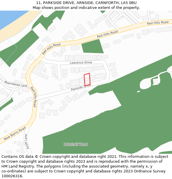 11, PARKSIDE DRIVE, ARNSIDE, CARNFORTH, LA5 0BU: Location map and indicative extent of plot