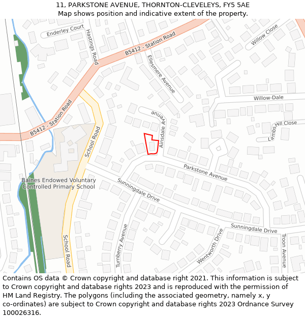 11, PARKSTONE AVENUE, THORNTON-CLEVELEYS, FY5 5AE: Location map and indicative extent of plot