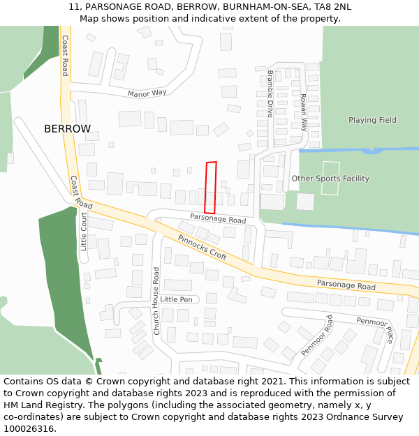 11, PARSONAGE ROAD, BERROW, BURNHAM-ON-SEA, TA8 2NL: Location map and indicative extent of plot