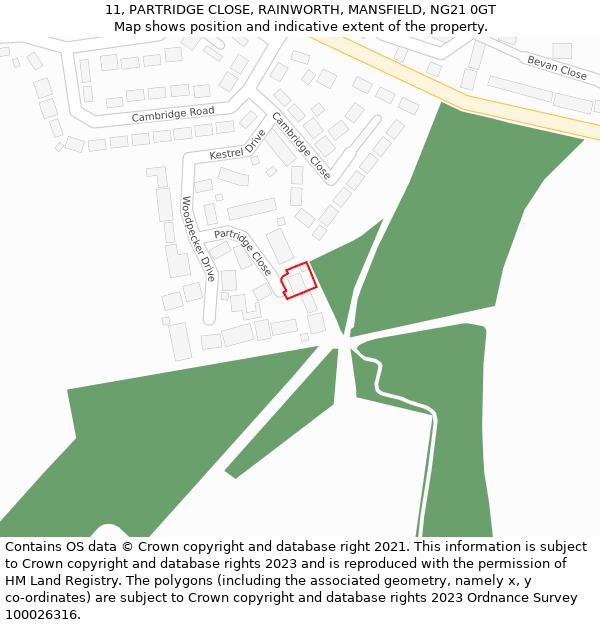 11, PARTRIDGE CLOSE, RAINWORTH, MANSFIELD, NG21 0GT: Location map and indicative extent of plot