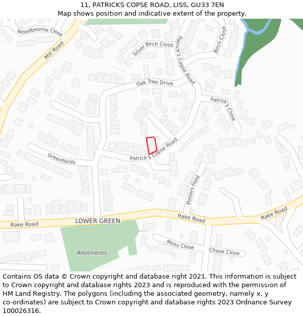 11, PATRICKS COPSE ROAD, LISS, GU33 7EN: Location map and indicative extent of plot