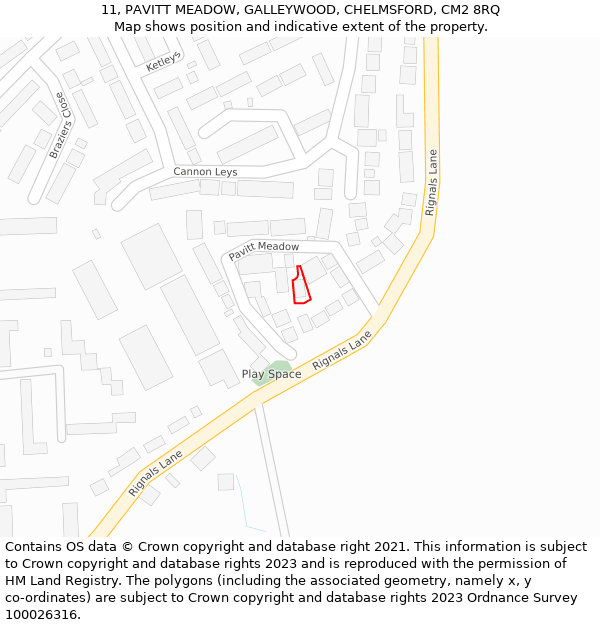 11, PAVITT MEADOW, GALLEYWOOD, CHELMSFORD, CM2 8RQ: Location map and indicative extent of plot