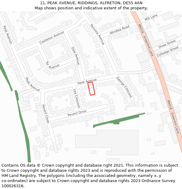 11, PEAK AVENUE, RIDDINGS, ALFRETON, DE55 4AN: Location map and indicative extent of plot