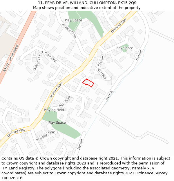 11, PEAR DRIVE, WILLAND, CULLOMPTON, EX15 2QS: Location map and indicative extent of plot