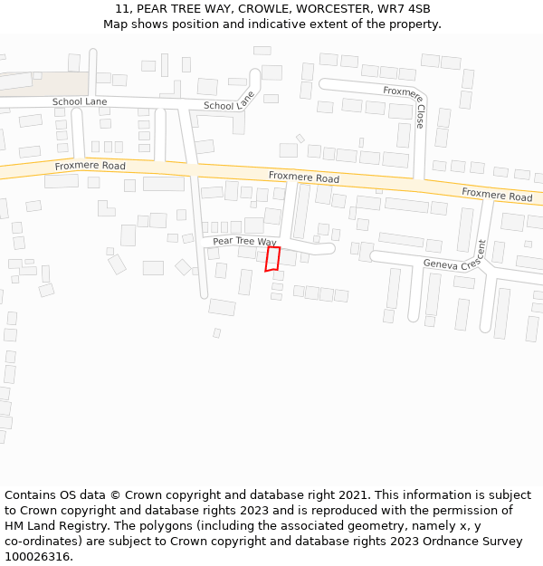 11, PEAR TREE WAY, CROWLE, WORCESTER, WR7 4SB: Location map and indicative extent of plot