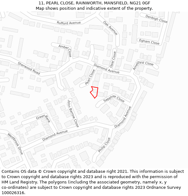 11, PEARL CLOSE, RAINWORTH, MANSFIELD, NG21 0GF: Location map and indicative extent of plot