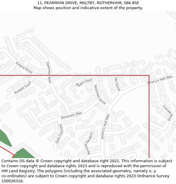 11, PEARMAIN DRIVE, MALTBY, ROTHERHAM, S66 8SE: Location map and indicative extent of plot