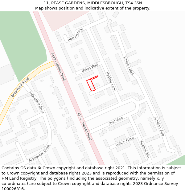 11, PEASE GARDENS, MIDDLESBROUGH, TS4 3SN: Location map and indicative extent of plot