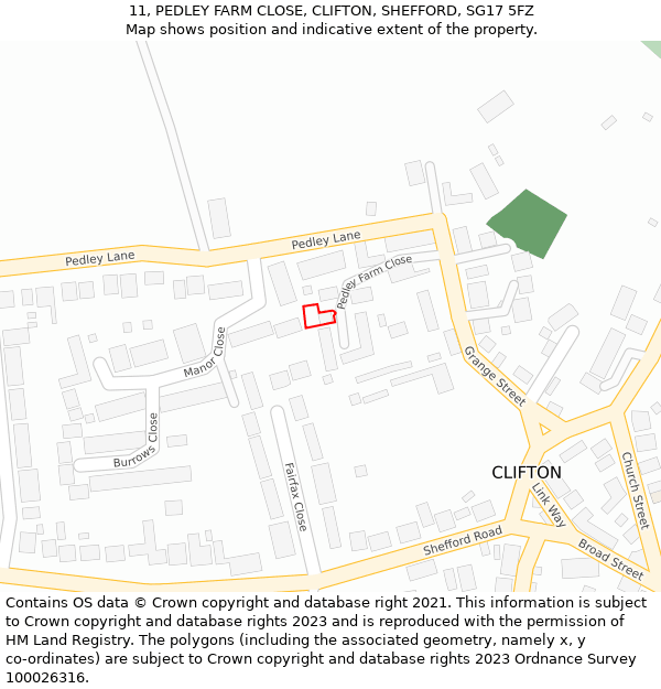 11, PEDLEY FARM CLOSE, CLIFTON, SHEFFORD, SG17 5FZ: Location map and indicative extent of plot