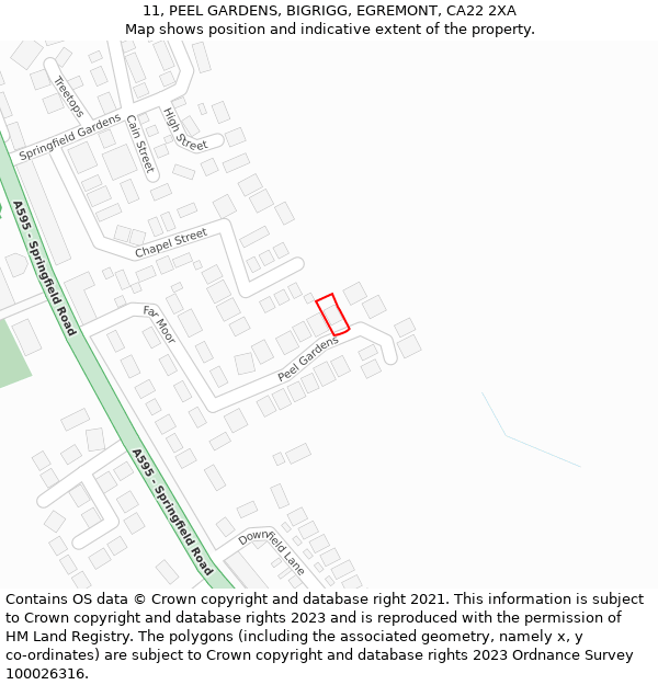 11, PEEL GARDENS, BIGRIGG, EGREMONT, CA22 2XA: Location map and indicative extent of plot
