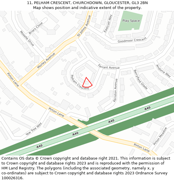 11, PELHAM CRESCENT, CHURCHDOWN, GLOUCESTER, GL3 2BN: Location map and indicative extent of plot