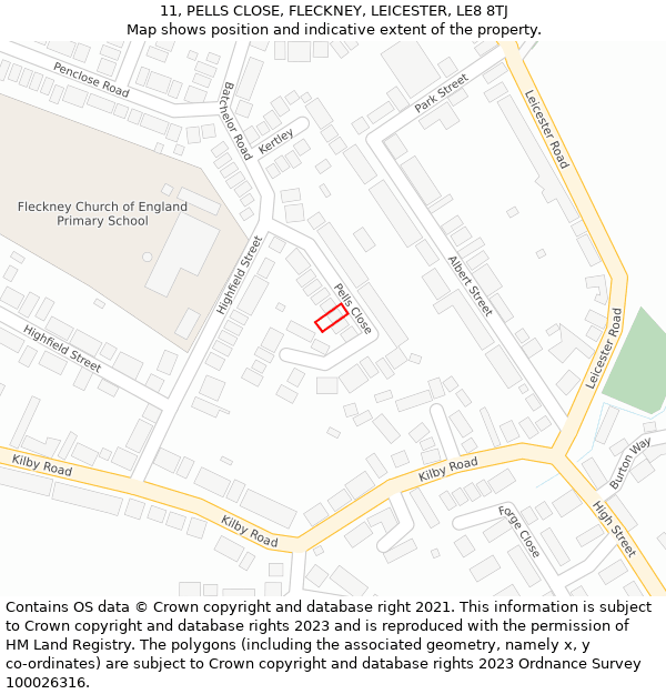 11, PELLS CLOSE, FLECKNEY, LEICESTER, LE8 8TJ: Location map and indicative extent of plot