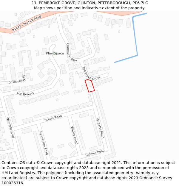 11, PEMBROKE GROVE, GLINTON, PETERBOROUGH, PE6 7LG: Location map and indicative extent of plot
