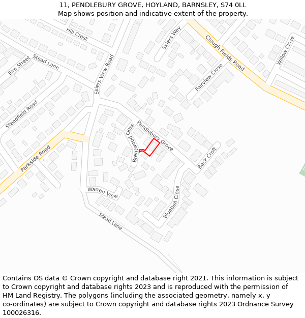 11, PENDLEBURY GROVE, HOYLAND, BARNSLEY, S74 0LL: Location map and indicative extent of plot