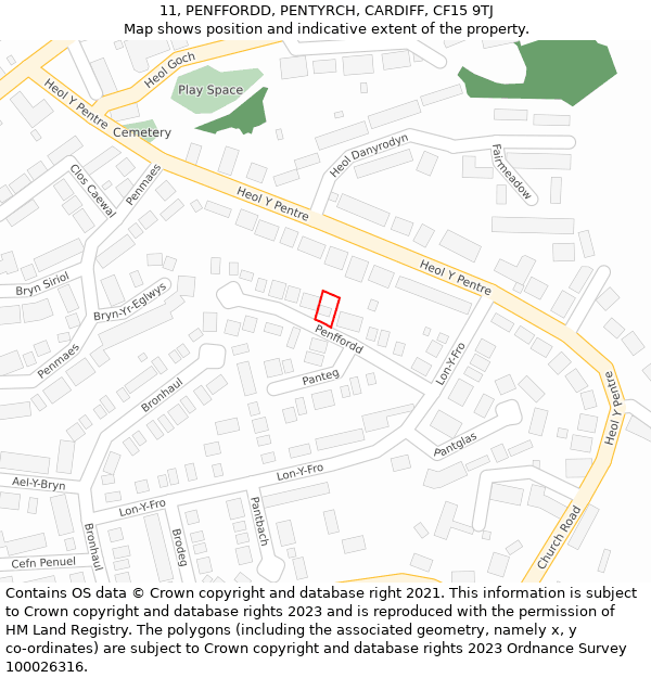 11, PENFFORDD, PENTYRCH, CARDIFF, CF15 9TJ: Location map and indicative extent of plot