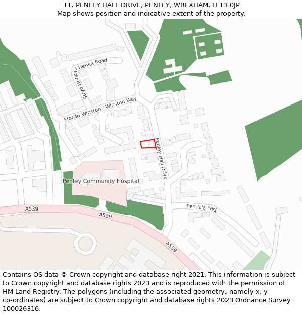 11, PENLEY HALL DRIVE, PENLEY, WREXHAM, LL13 0JP: Location map and indicative extent of plot