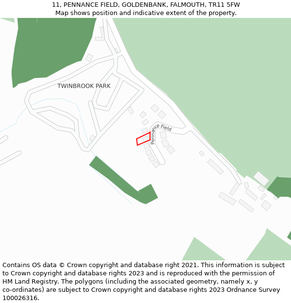 11, PENNANCE FIELD, GOLDENBANK, FALMOUTH, TR11 5FW: Location map and indicative extent of plot