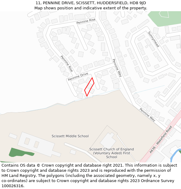 11, PENNINE DRIVE, SCISSETT, HUDDERSFIELD, HD8 9JD: Location map and indicative extent of plot