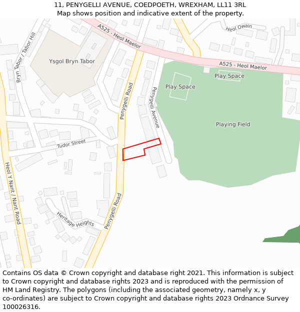 11, PENYGELLI AVENUE, COEDPOETH, WREXHAM, LL11 3RL: Location map and indicative extent of plot