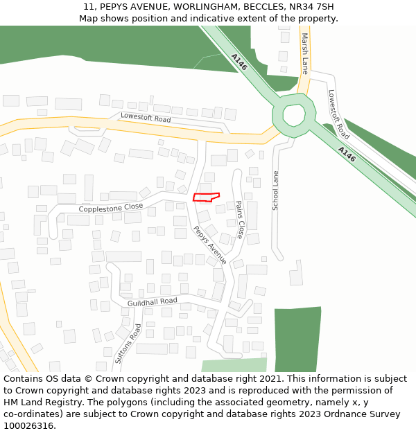 11, PEPYS AVENUE, WORLINGHAM, BECCLES, NR34 7SH: Location map and indicative extent of plot