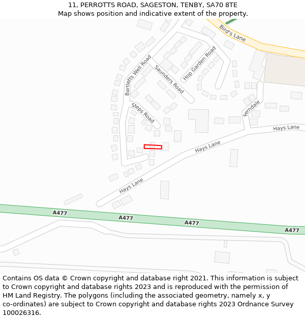 11, PERROTTS ROAD, SAGESTON, TENBY, SA70 8TE: Location map and indicative extent of plot