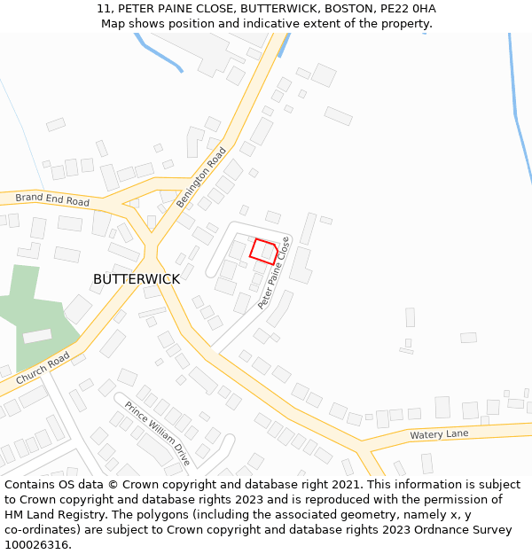 11, PETER PAINE CLOSE, BUTTERWICK, BOSTON, PE22 0HA: Location map and indicative extent of plot