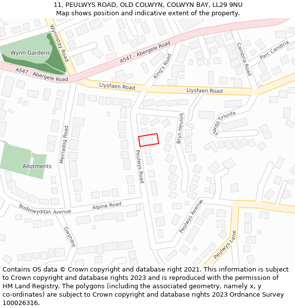11, PEULWYS ROAD, OLD COLWYN, COLWYN BAY, LL29 9NU: Location map and indicative extent of plot