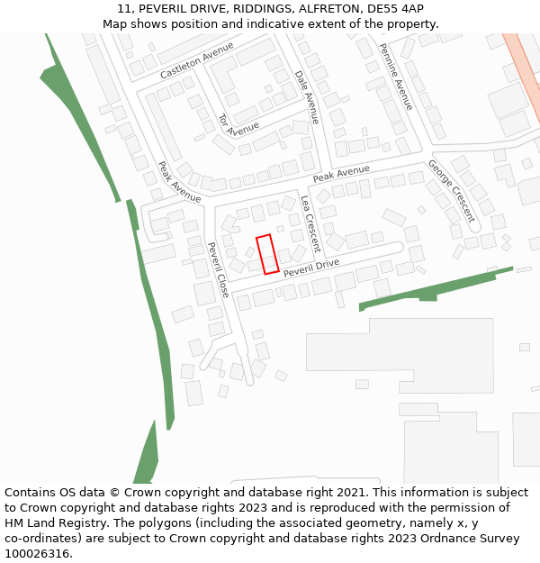 11, PEVERIL DRIVE, RIDDINGS, ALFRETON, DE55 4AP: Location map and indicative extent of plot