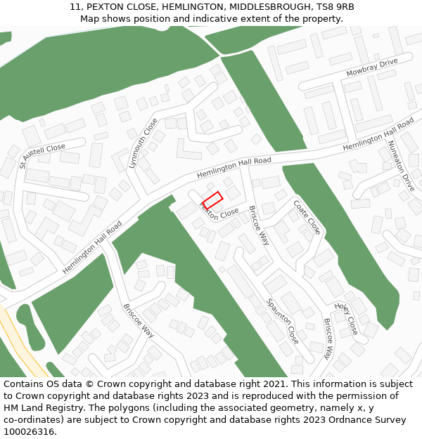 11, PEXTON CLOSE, HEMLINGTON, MIDDLESBROUGH, TS8 9RB: Location map and indicative extent of plot