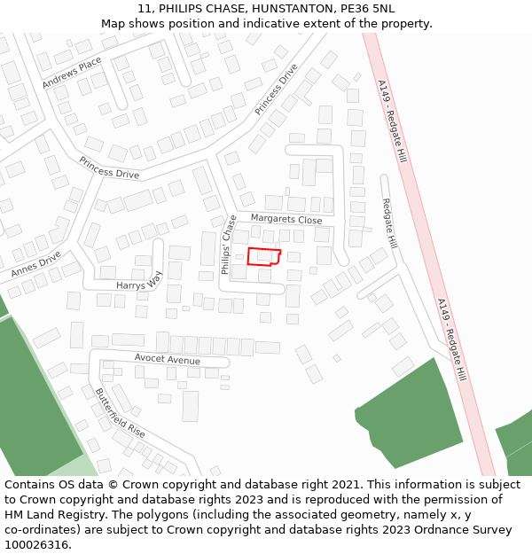 11, PHILIPS CHASE, HUNSTANTON, PE36 5NL: Location map and indicative extent of plot