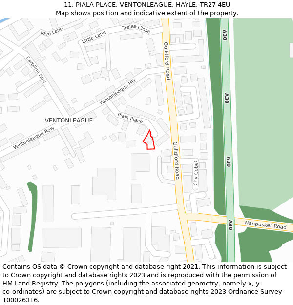 11, PIALA PLACE, VENTONLEAGUE, HAYLE, TR27 4EU: Location map and indicative extent of plot