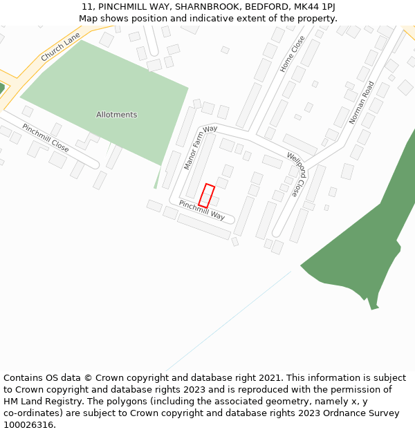 11, PINCHMILL WAY, SHARNBROOK, BEDFORD, MK44 1PJ: Location map and indicative extent of plot