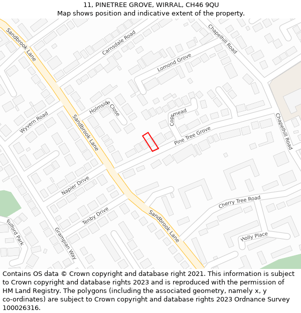 11, PINETREE GROVE, WIRRAL, CH46 9QU: Location map and indicative extent of plot