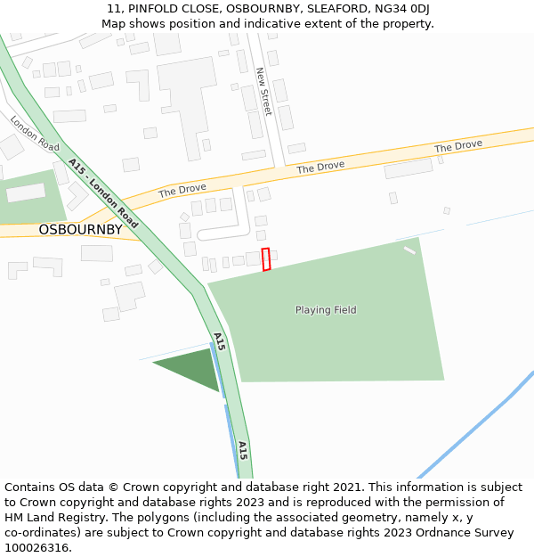 11, PINFOLD CLOSE, OSBOURNBY, SLEAFORD, NG34 0DJ: Location map and indicative extent of plot