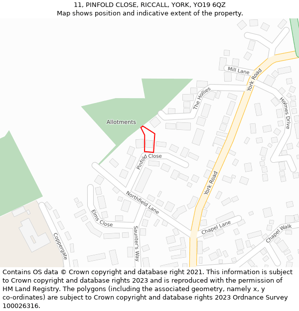 11, PINFOLD CLOSE, RICCALL, YORK, YO19 6QZ: Location map and indicative extent of plot