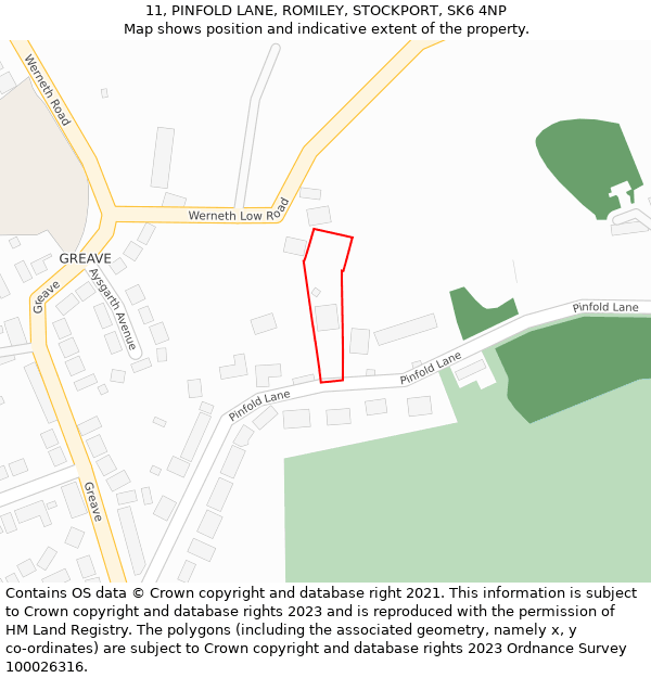 11, PINFOLD LANE, ROMILEY, STOCKPORT, SK6 4NP: Location map and indicative extent of plot