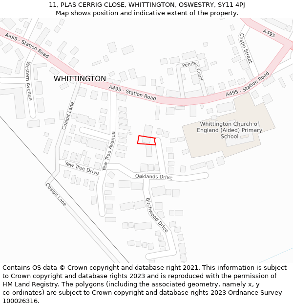 11, PLAS CERRIG CLOSE, WHITTINGTON, OSWESTRY, SY11 4PJ: Location map and indicative extent of plot