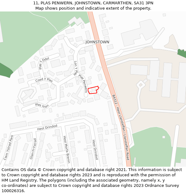 11, PLAS PENWERN, JOHNSTOWN, CARMARTHEN, SA31 3PN: Location map and indicative extent of plot