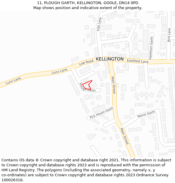 11, PLOUGH GARTH, KELLINGTON, GOOLE, DN14 0PD: Location map and indicative extent of plot