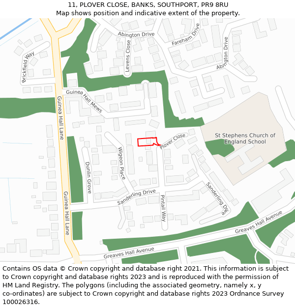 11, PLOVER CLOSE, BANKS, SOUTHPORT, PR9 8RU: Location map and indicative extent of plot