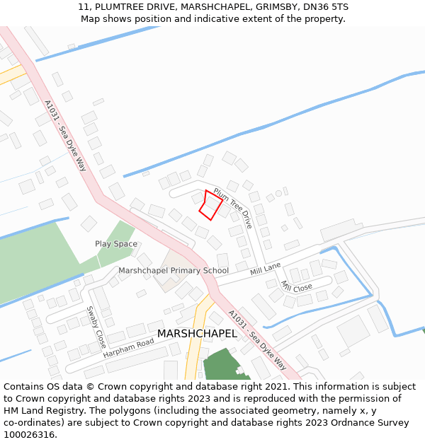 11, PLUMTREE DRIVE, MARSHCHAPEL, GRIMSBY, DN36 5TS: Location map and indicative extent of plot
