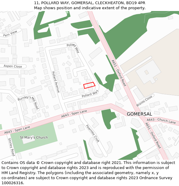 11, POLLARD WAY, GOMERSAL, CLECKHEATON, BD19 4PR: Location map and indicative extent of plot