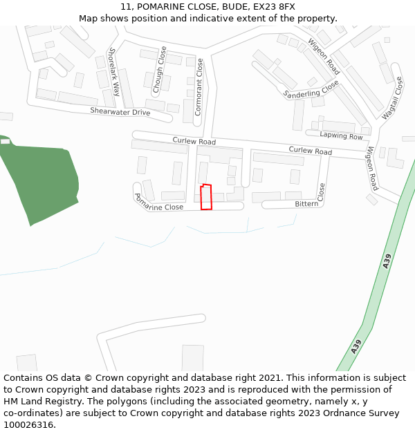 11, POMARINE CLOSE, BUDE, EX23 8FX: Location map and indicative extent of plot