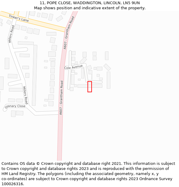 11, POPE CLOSE, WADDINGTON, LINCOLN, LN5 9UN: Location map and indicative extent of plot